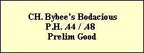 CH. Bybee's Bodacious
P.H. .44 / .48 
Prelim Good